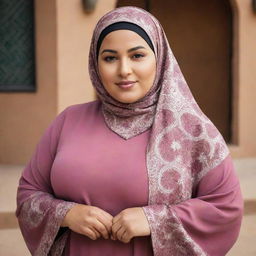 A confident image of a plus-sized North African Muslim woman wearing a Hijabi. She stands proudly, showcasing her rich cultural heritage and inspiring strength in her body positivity.