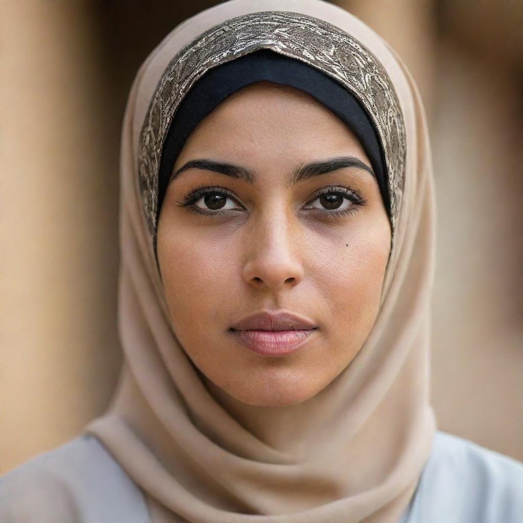 A poised image of a North African Muslim woman, wearing a hijab. Her expression is calm and serene while her attire and surroundings vividly display her strong ties with North African culture.