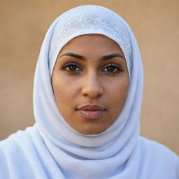 A poised image of a North African Muslim woman, wearing a hijab. Her expression is calm and serene while her attire and surroundings vividly display her strong ties with North African culture.