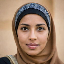 A poised image of a North African Muslim woman, wearing a hijab. Her expression is calm and serene while her attire and surroundings vividly display her strong ties with North African culture.