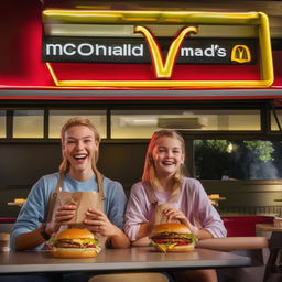 Amend previous image: Exaggerate the person's happiness as they relish their McDonald's meal. Their eyes sparkle with delight and a broad, euphoric smile spreads across their face, amplifying the jovial atmosphere.