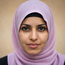 A poised image of a North African Muslim woman, wearing a hijab. Her expression is calm and serene while her attire and surroundings vividly display her strong ties with North African culture.