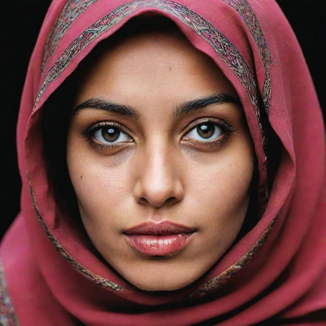 A vivid image of a North African Muslim woman donning a hijab and featuring distinctive hooded eyes. Her expression mirrors wisdom and a deep connection to her rich cultural roots.