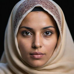 A vivid image of a North African Muslim woman donning a hijab and featuring distinctive hooded eyes. Her expression mirrors wisdom and a deep connection to her rich cultural roots.