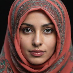 A vivid image of a North African Muslim woman donning a hijab and featuring distinctive hooded eyes. Her expression mirrors wisdom and a deep connection to her rich cultural roots.