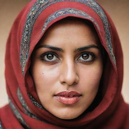 A vivid image of a North African Muslim woman donning a hijab and featuring distinctive hooded eyes. Her expression mirrors wisdom and a deep connection to her rich cultural roots.