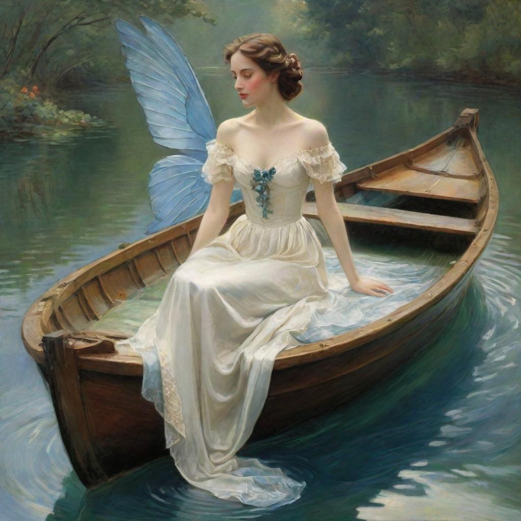 A vivid illustration of a boat with azure wings, floating on a verdant river. Seated inside the boat, a captivating lady, dressed in an antique white gown, her brown hair cascading in gentle waves.