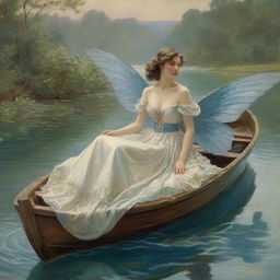 A vivid illustration of a boat with azure wings, floating on a verdant river. Seated inside the boat, a captivating lady, dressed in an antique white gown, her brown hair cascading in gentle waves.