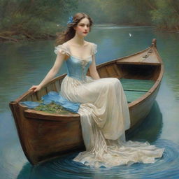 A vivid illustration of a boat with azure wings, floating on a verdant river. Seated inside the boat, a captivating lady, dressed in an antique white gown, her brown hair cascading in gentle waves.