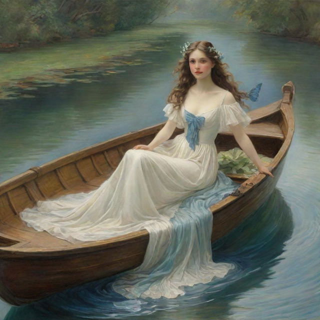 A vivid illustration of a boat with azure wings, floating on a verdant river. Seated inside the boat, a captivating lady, dressed in an antique white gown, her brown hair cascading in gentle waves.