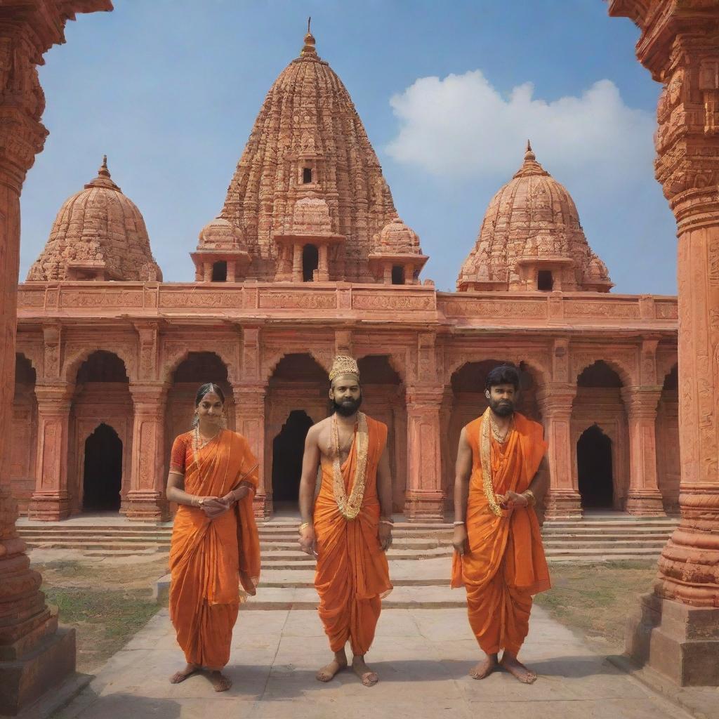 An image of Sita, Rama, Lakshman, and Hanuman visiting the majestic Ayodhya Ram Mandir in Uttar Pradesh. Hanuman is actively helping in the construction of the mandir. The backdrop depicts the beauty of the temple's ornate architecture.