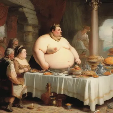 In the fantasy novel, there was a kingdom ruled by a fat person known for their love of feasts and extravagant banquets.
