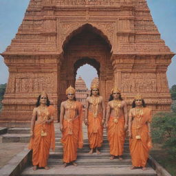 An image of Sita, Rama, Lakshman, and Hanuman visiting the majestic Ayodhya Ram Mandir in Uttar Pradesh. Hanuman is actively helping in the construction of the mandir. The backdrop depicts the beauty of the temple's ornate architecture.