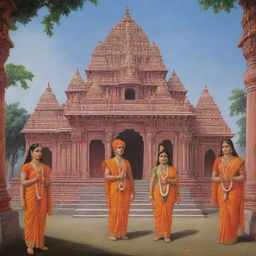 An image of Sita, Rama, Lakshman, and Hanuman visiting the majestic Ayodhya Ram Mandir in Uttar Pradesh. Hanuman is actively helping in the construction of the mandir. The backdrop depicts the beauty of the temple's ornate architecture.