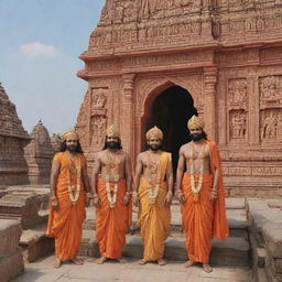 An image of Sita, Rama, Lakshman, and Hanuman visiting the majestic Ayodhya Ram Mandir in Uttar Pradesh. Hanuman is actively helping in the construction of the mandir. The backdrop depicts the beauty of the temple's ornate architecture.