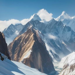Columns of colossal mountains, dwarfing the Himalayas, that stretch to the sky with peaked caps of pristine snow. A scene of raw, unadulterated grandeur that defies earthly constraints.