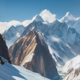 Columns of colossal mountains, dwarfing the Himalayas, that stretch to the sky with peaked caps of pristine snow. A scene of raw, unadulterated grandeur that defies earthly constraints.