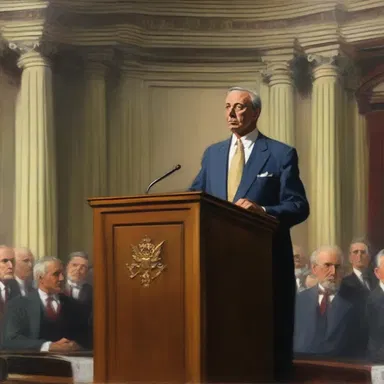 The artist painted a portrait of a dignified man standing at the podium, capturing his commanding presence.