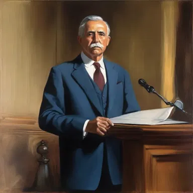 The artist painted a portrait of a dignified man standing at the podium, capturing his commanding presence.