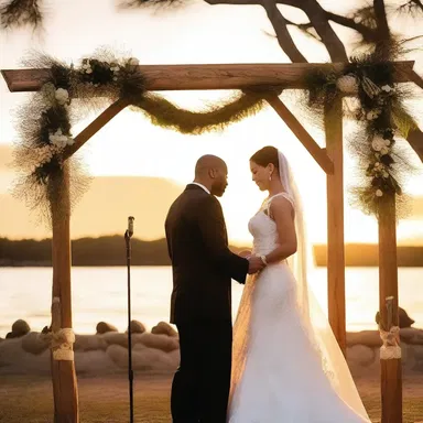 As the sun set behind them, the couple exchanged their vows on a beautifully decorated wooden podium, surrounded by their loved ones.