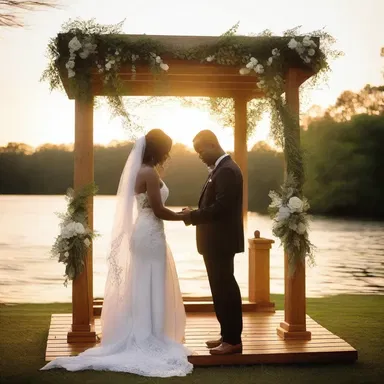 As the sun set behind them, the couple exchanged their vows on a beautifully decorated wooden podium, surrounded by their loved ones.