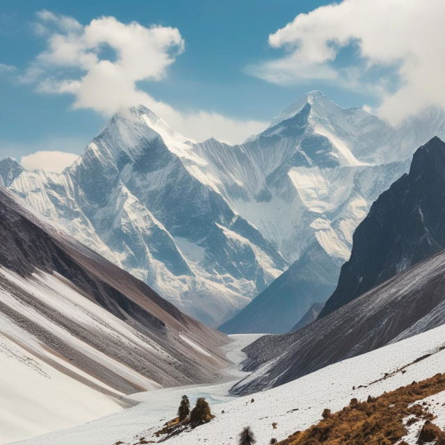 Columns of colossal mountains, dwarfing the Himalayas, that stretch to the sky with peaked caps of pristine snow. A scene of raw, unadulterated grandeur that defies earthly constraints.