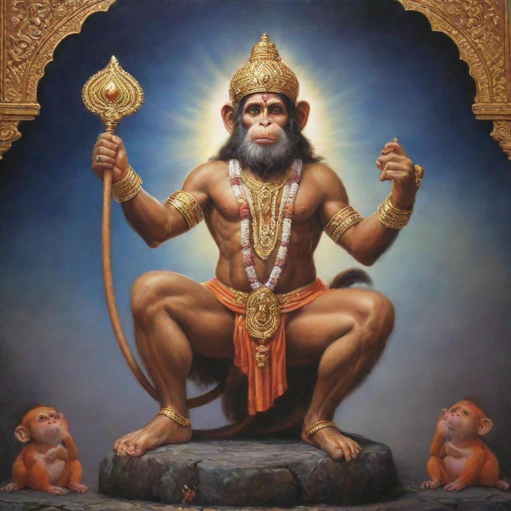 Hanuman the Monkey God, in an act of reverence, is extending blessings to Lord Ram. They're situated in an ethereal, soothing celestial environment glowing with ethereal light.