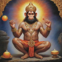 Hanuman the Monkey God, in an act of reverence, is extending blessings to Lord Ram. They're situated in an ethereal, soothing celestial environment glowing with ethereal light.