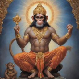 Hanuman the Monkey God, in an act of reverence, is extending blessings to Lord Ram. They're situated in an ethereal, soothing celestial environment glowing with ethereal light.