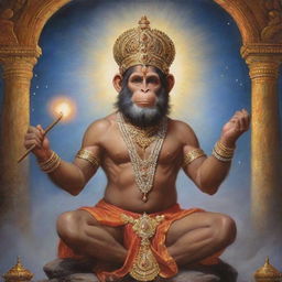 Hanuman the Monkey God, in an act of reverence, is extending blessings to Lord Ram. They're situated in an ethereal, soothing celestial environment glowing with ethereal light.