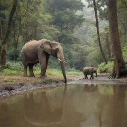 An ant and an elephant peacefully drinking water side by side in a serene, deep forest river, surrounded by lush greenery.