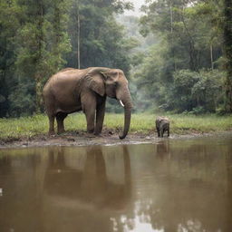 An ant and an elephant peacefully drinking water side by side in a serene, deep forest river, surrounded by lush greenery.