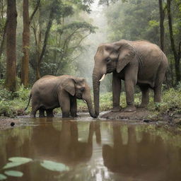 An ant and an elephant peacefully drinking water side by side in a serene, deep forest river, surrounded by lush greenery.