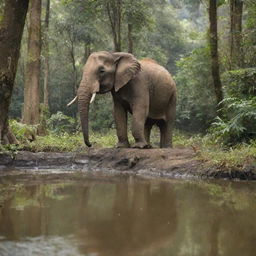 An ant and an elephant peacefully drinking water side by side in a serene, deep forest river, surrounded by lush greenery.