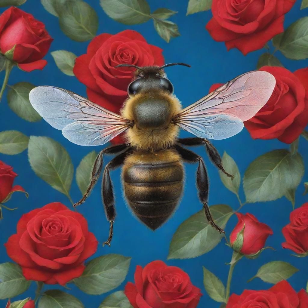 A large bee with vibrant blue coloring situated within a forest garden filled with radiant red roses.