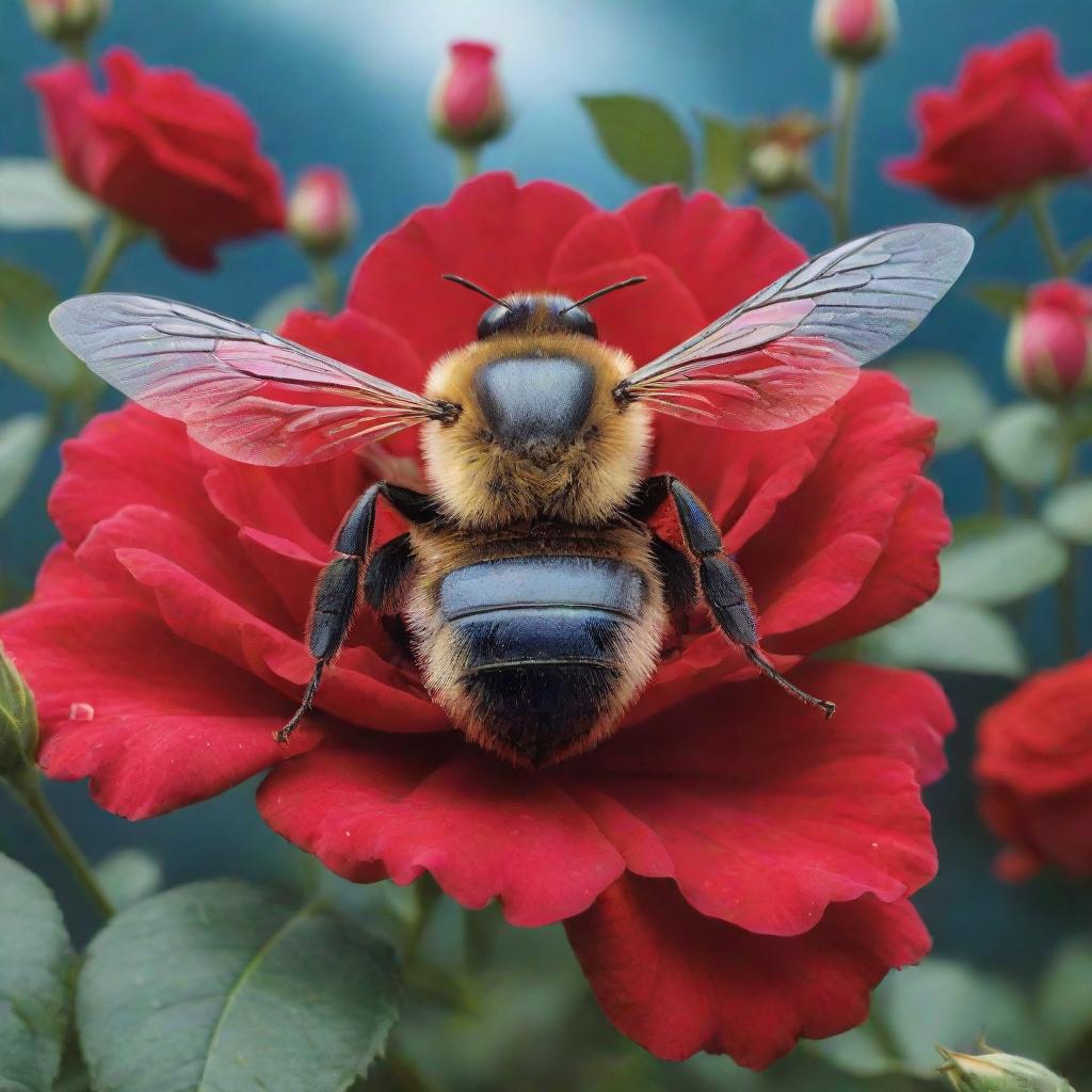 A large bee with vibrant blue coloring situated within a forest garden filled with radiant red roses.