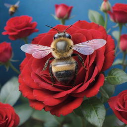 A large bee with vibrant blue coloring situated within a forest garden filled with radiant red roses.