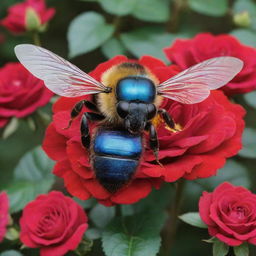 A large bee with vibrant blue coloring situated within a forest garden filled with radiant red roses.