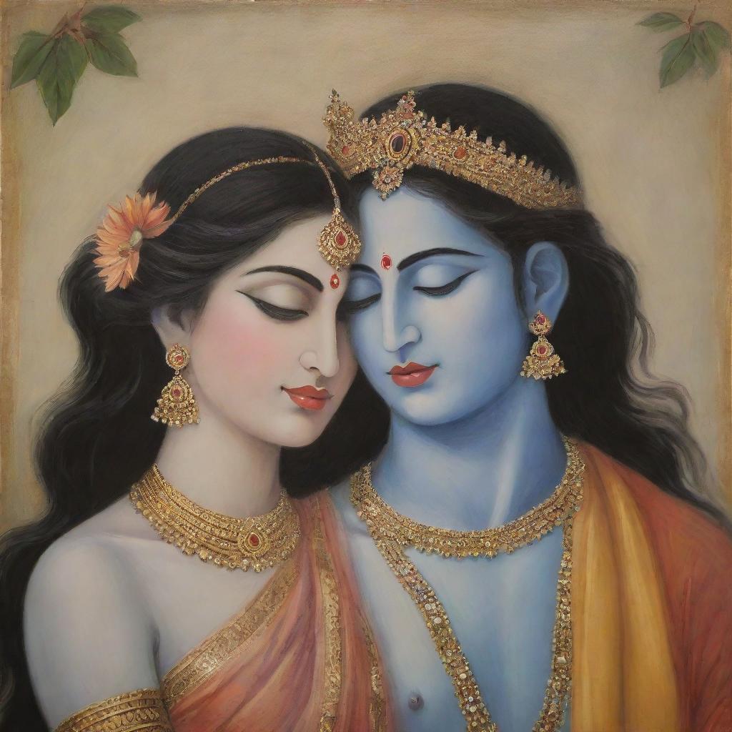 A portrait of Radha and Krishna, portrayed in a simple yet profound style. They are enveloped in a serene atmosphere, capturing their divine love and devotion.