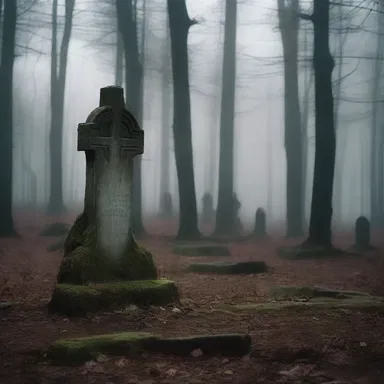 In the horror movie, the ancient burial ground had a dark forest with cruciate gravestones.