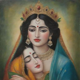 A portrait of Radha and Krishna, portrayed in a simple yet profound style. They are enveloped in a serene atmosphere, capturing their divine love and devotion.