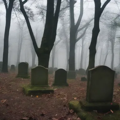 In the horror movie, the ancient burial ground had a dark forest with cruciate gravestones.