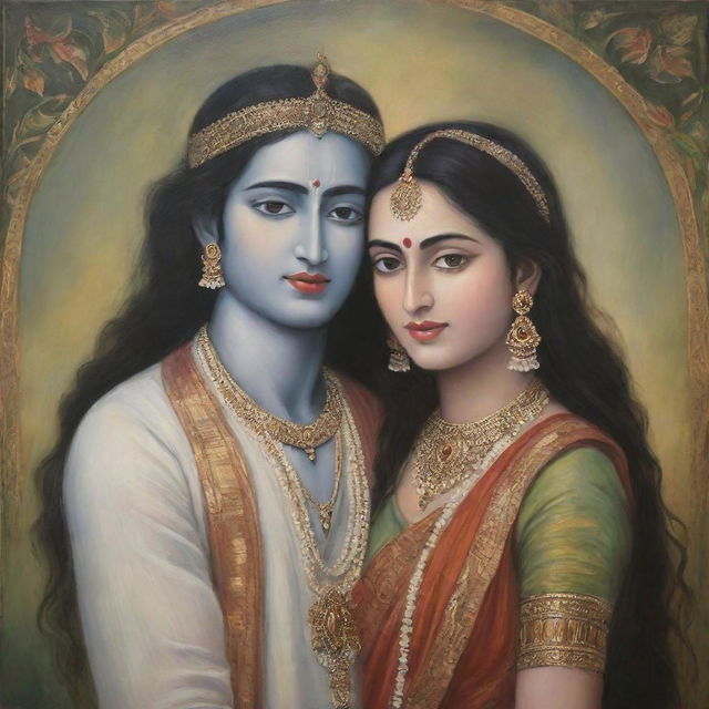 A portrait of Radha and Krishna, portrayed in a simple yet profound style. They are enveloped in a serene atmosphere, capturing their divine love and devotion.