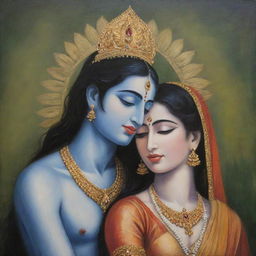 A portrait of Radha and Krishna, portrayed in a simple yet profound style. They are enveloped in a serene atmosphere, capturing their divine love and devotion.