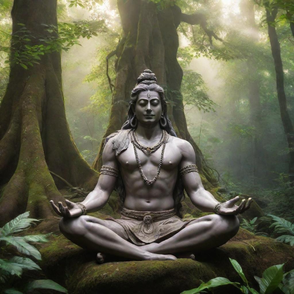 Lord Shiva peacefully meditating in a lush, green forest with ancient trees and soft sunlight filtering through the leaves