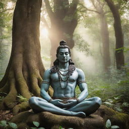 Lord Shiva peacefully meditating in a lush, green forest with ancient trees and soft sunlight filtering through the leaves