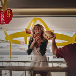 Further modify previous image: The person's delight escalates, hitting fever pitch as they whoop with sheer ecstasy. Their joyous features scream with excitement while holding the McDonald's meal.