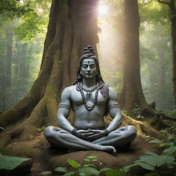 Lord Shiva peacefully meditating in a lush, green forest with ancient trees and soft sunlight filtering through the leaves