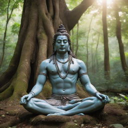 Lord Shiva peacefully meditating in a lush, green forest with ancient trees and soft sunlight filtering through the leaves