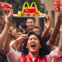 Further modify previous image: The person's delight escalates, hitting fever pitch as they whoop with sheer ecstasy. Their joyous features scream with excitement while holding the McDonald's meal.